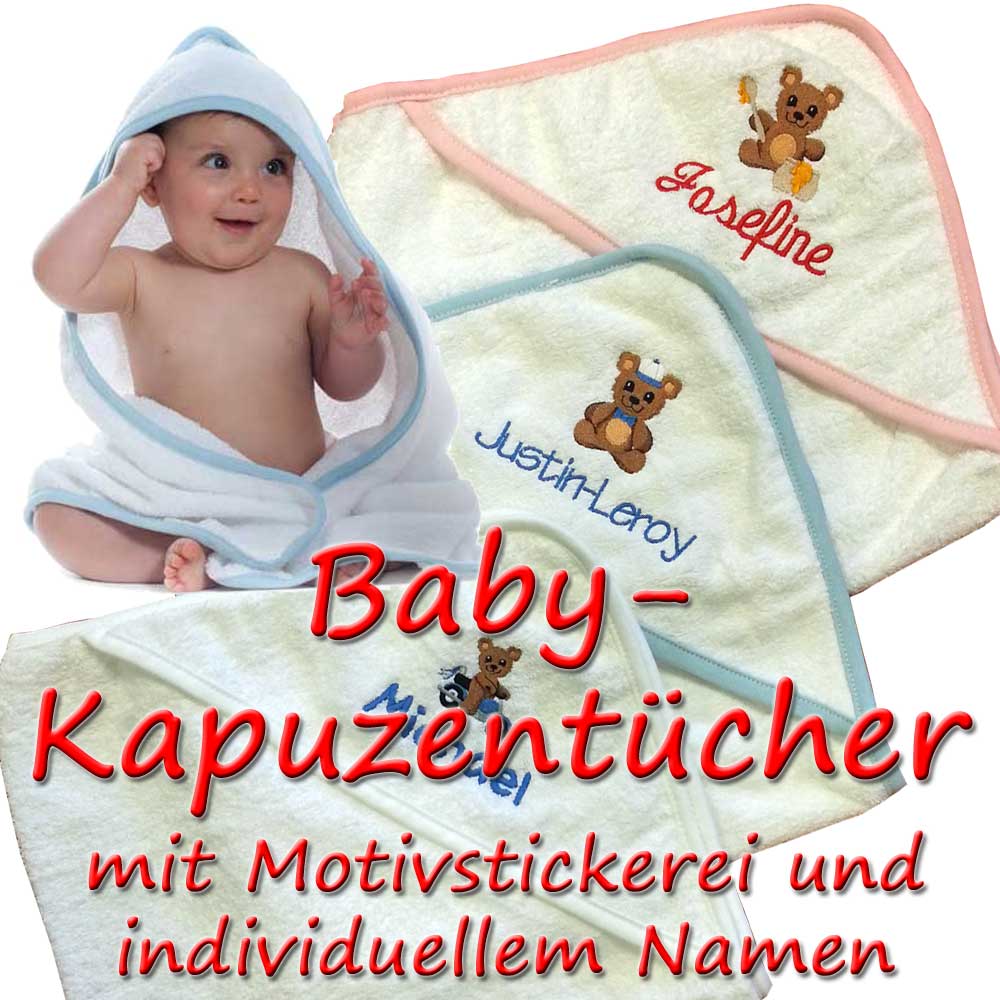 Baby-Kapuzentuch mit Name und Motiv bestickt