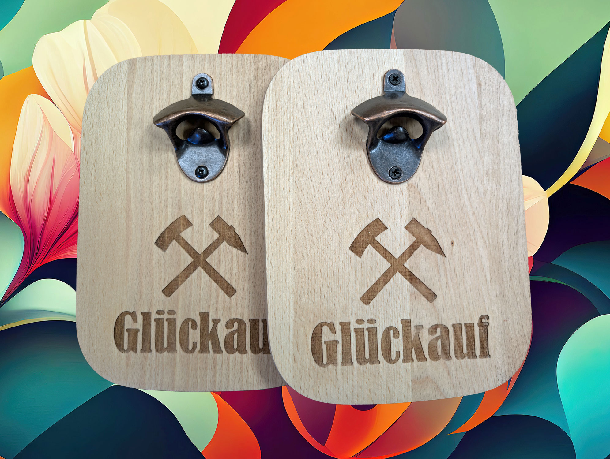 Massiver Buchenholz-Flaschenöffner mit Lasergravur "Glückauf"