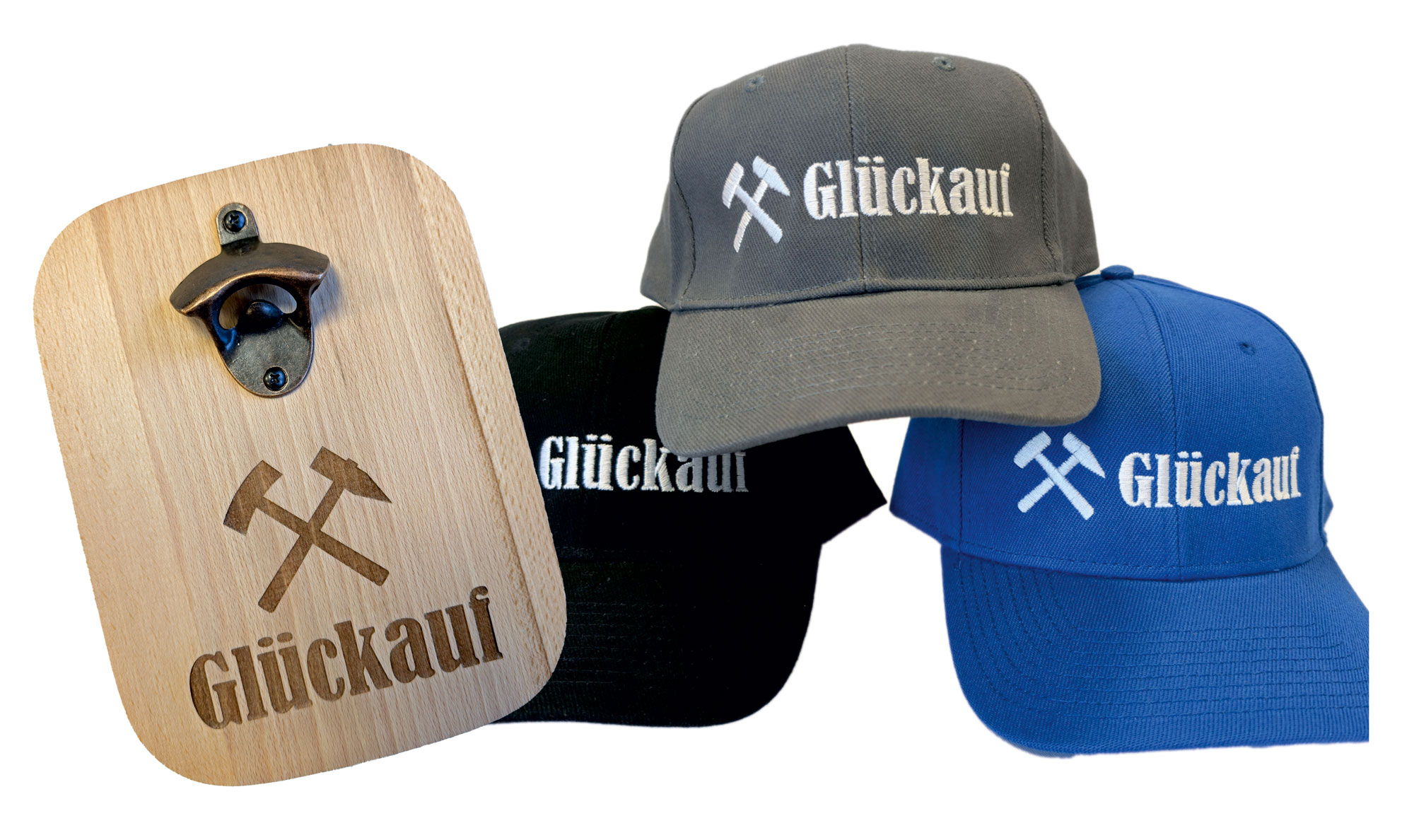 Glückauf-Geschenkset mit Wand-Flaschenöffner und Glückauf-Cap B65