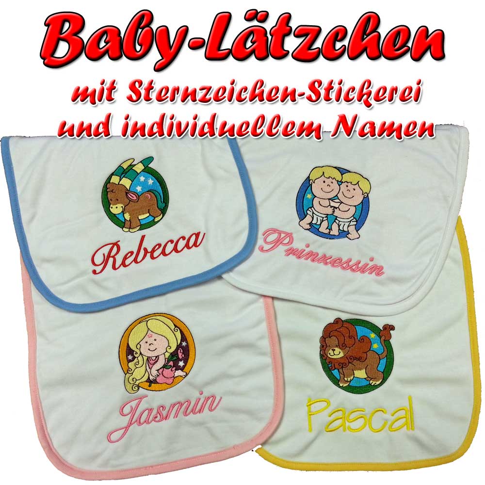 Baby-Lätzchen mit Sternzeichen und individuellem Namen bestickt