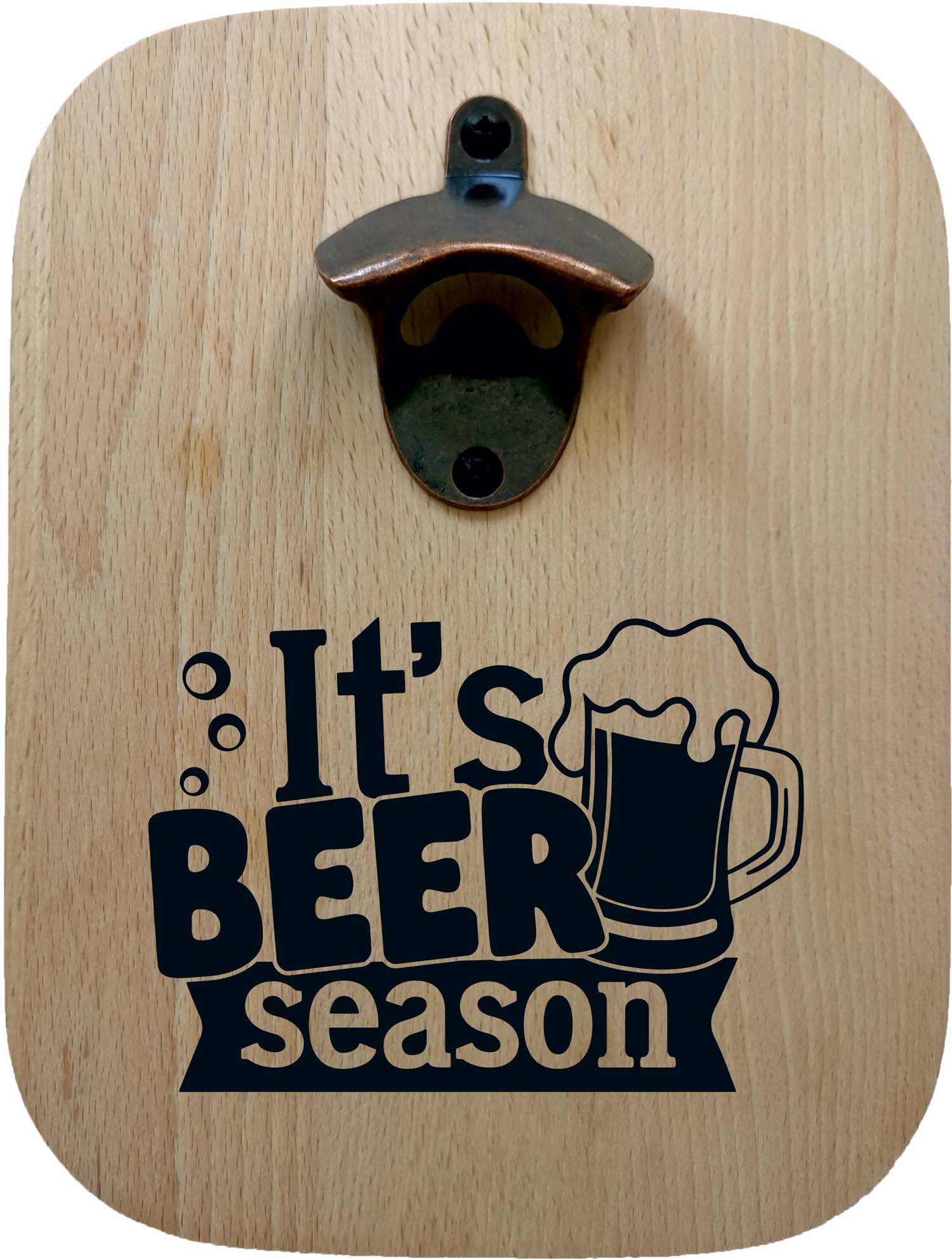Massiver Buchenholz-Flaschenöffner mit Lasergravur "It's Beer Season"