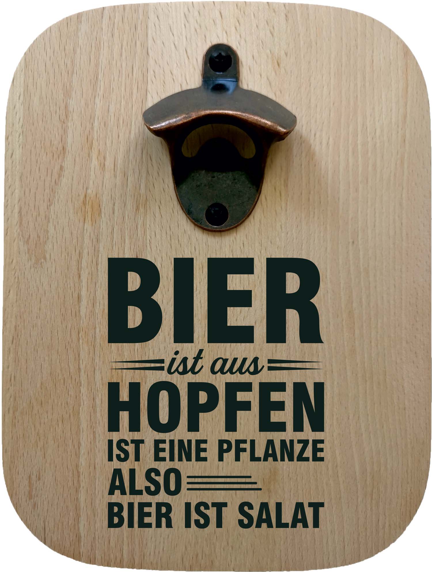 Massiver Buchenholz-Flaschenöffner mit Lasergravur "Bier ist Salat"
