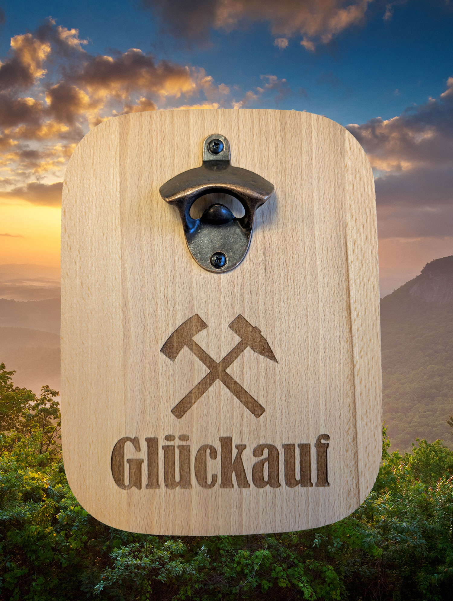 Glückauf-Geschenkset mit Wand-Flaschenöffner und Glückauf-Cap B65