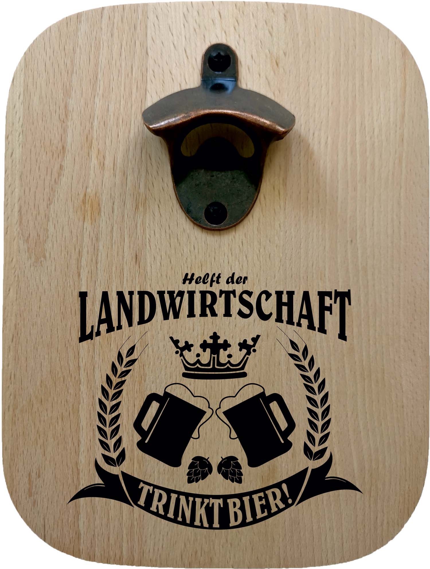 Massiver Buchenholz-Flaschenöffner mit Lasergravur "Helft der Landwirtschaft - Trinkt Bier"