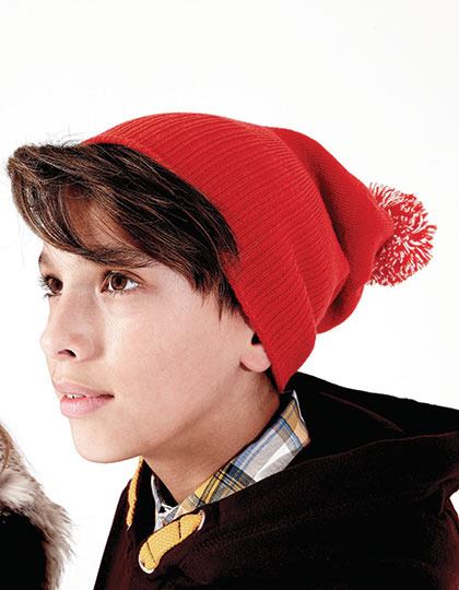 Kids Snowstar Beanie B450B mit zweifarbiger Bommel und Textstickerei