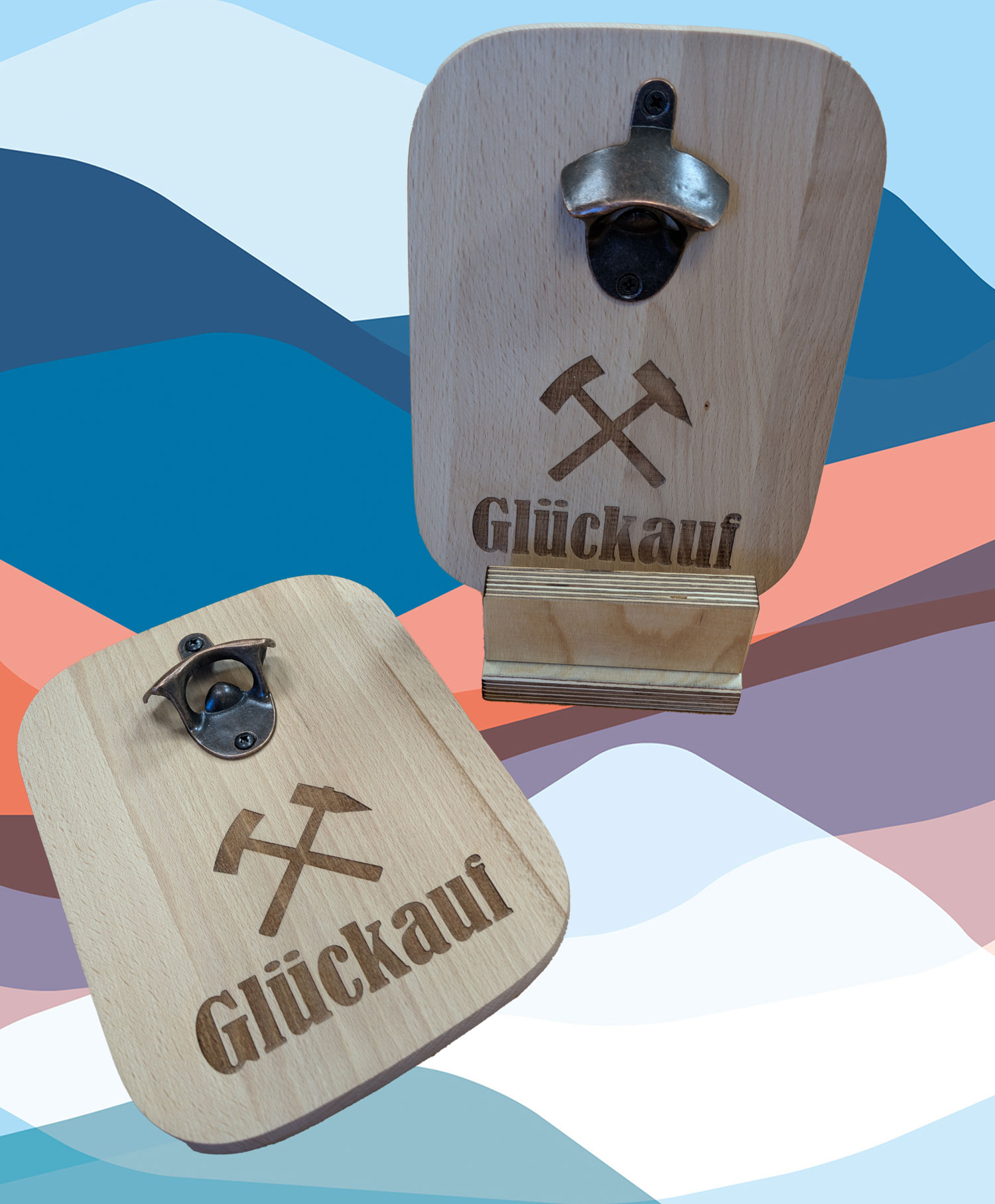 Massiver Buchenholz-Flaschenöffner mit Lasergravur "Glückauf"