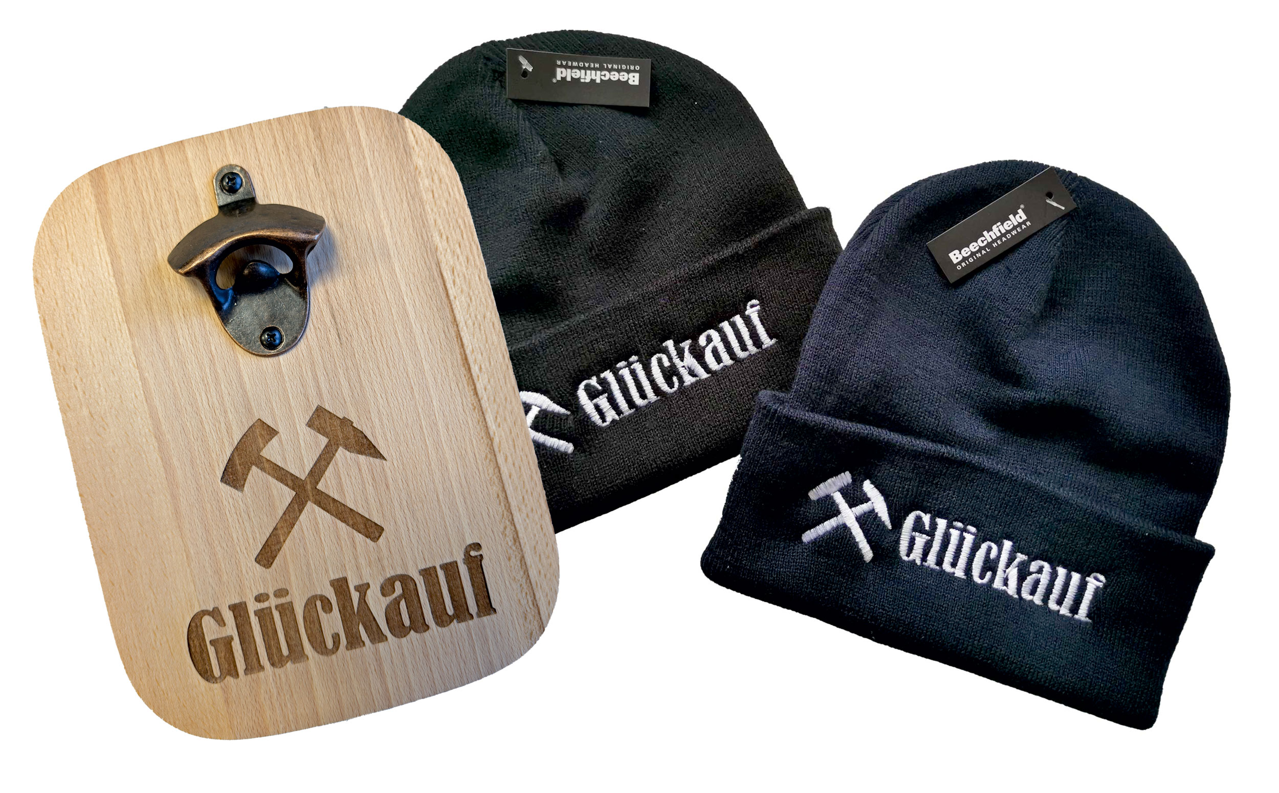 Glückauf-Geschenkset mit Wand-Flaschenöffner und Glückauf-Beanie B45