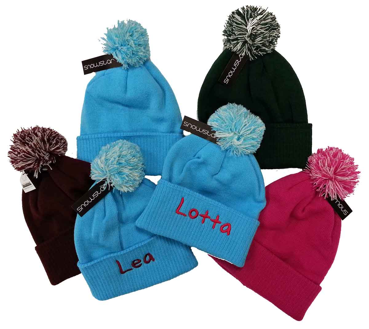Beechfield Snowstar Beanie B450 mit zweifarbiger Bommel und Textstickerei