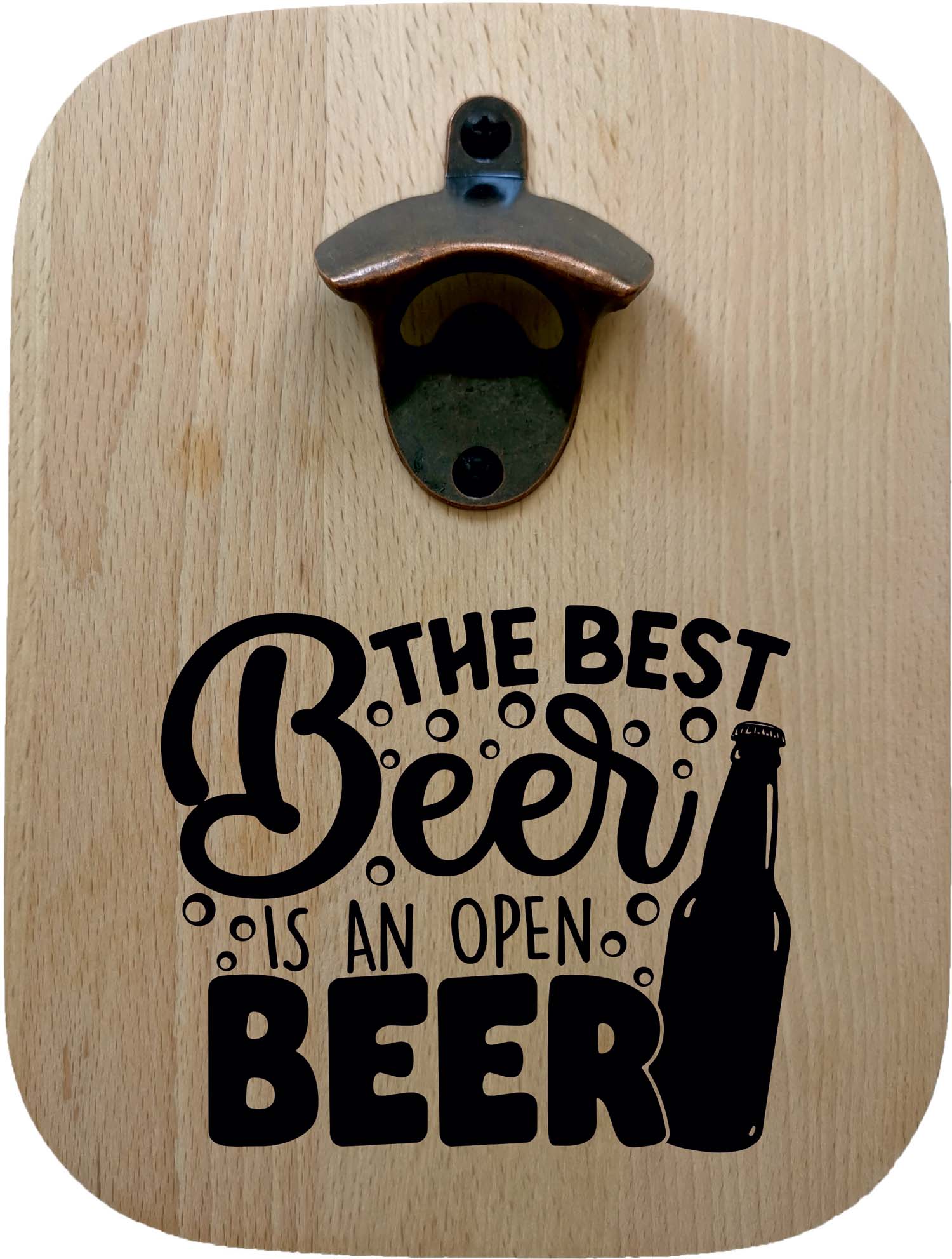 Massiver Buchenholz-Flaschenöffner mit Lasergravur "The Best Beer is an Open Beer"
