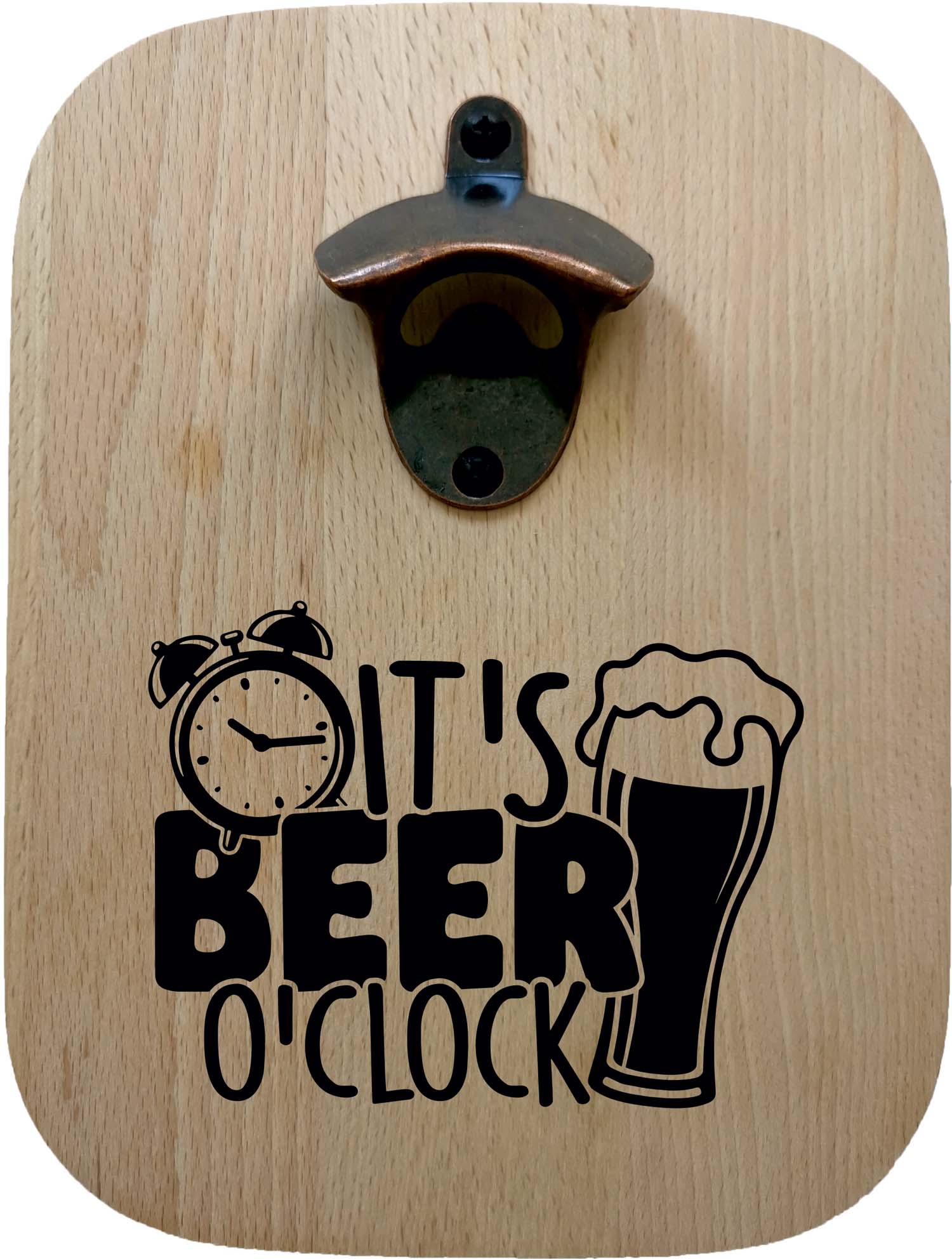 Massiver Buchenholz-Flaschenöffner mit Lasergravur "It's Beer o'clock"