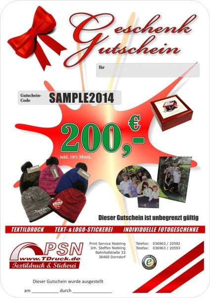 200 EUR Geschenkgutschein von TDruck.de