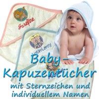 Baby-Kapuzentuch mit Sternzeichen und Name bestickt Baby-Kapuzentuch mit Sternzeichen und Name bestickt