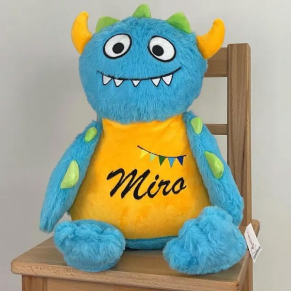 Kuscheltier Blaues Monster individuell mit Namen bestickt, Geschenke für Geburt Taufe Geburtstag
