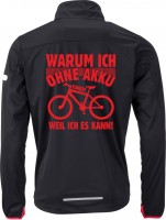 Herren Softshell-Radjacke "Warum ich ohne Akku fahre" JN1126OA Herren Softshell-Radjacke "Warum ich ohne Akku fahre" JN1126OA